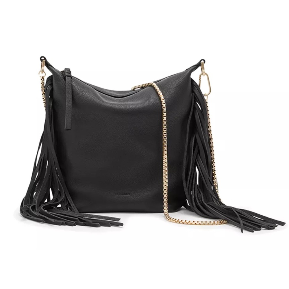 All Saints Evaline Black Shoulder Bag with Fringe and Gold Chain